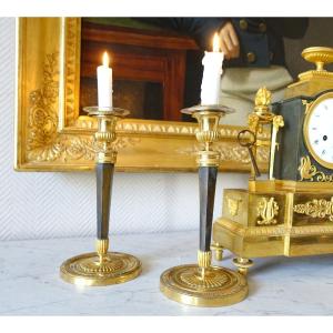 Pair Of Empire Candlesticks, In Patinated And Gilded Bronze By Ravrio, Early 19th Century