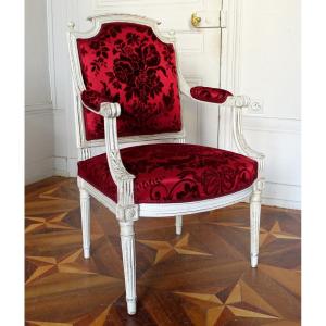 Louis XVI Period Office Armchair In Carved Wood And Genoa Velvet (old But New)