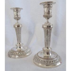 Pair Of Louis XVI Style Silver Bronze Candlesticks After A Model By Feuchère