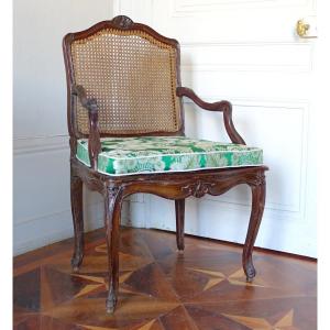 Fauteuil Canné d'époque Régence Louis XV à Coussin De Soie 