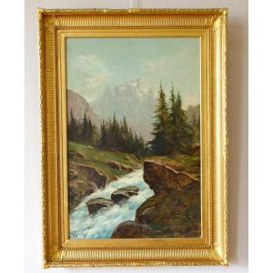Emile Godchaux : Tall Oil On Canvas, Mountain Landscape - 82.5cm X 113.5cm