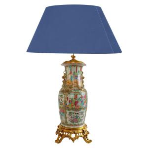 Chine : Grande Potiche Montée Bronze Doré En Porcelaine De Canton,  Pied De Lampe 75cm