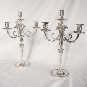 Pair Of Dining Room Candelabra, 4 Lights, Silver Bronze, Empire Consulate Style