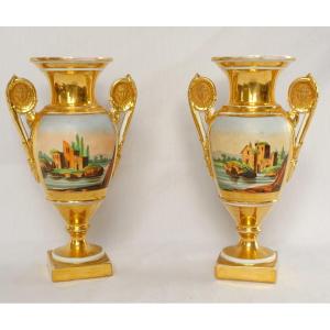 Paire De Vases d'Ornement Empire En Porcelaine De Paris - époque Restauration