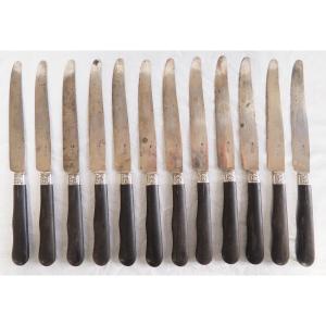 Set Of 12 Ebony And Silver Table Knives, Louis XVI Style - Lepine Lyon