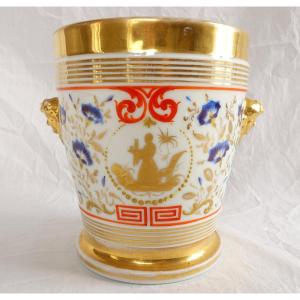 Cache-pot / Jardinière En Porcelaine De Paris d'époque Restauration, Décor Au Chinois Vers 1830