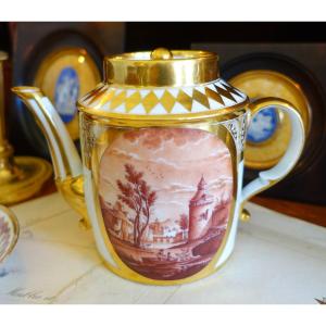 Schoelcher Manufacture - Directoire Empire Period Porcelain Teapot - Camaieu Landscapes
