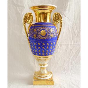 Large Antique Vase In Blue And Gold Paris Porcelain, Empire Restoration Period