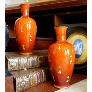 Baccarat - Pair Of Orange And Gold Opaline Vases - 1900 Period