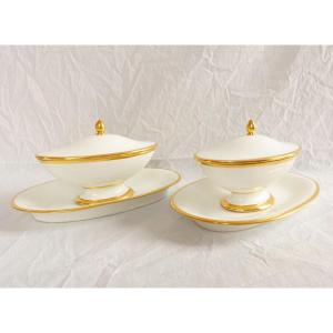 Manufacture De Sèvres - Pair Of Gravy Boats In White Porcelain And Gold Period - Signed 1820