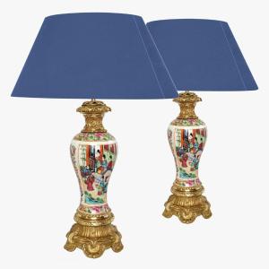 Pair Of Canton Porcelain And Gilt Bronze Lamps