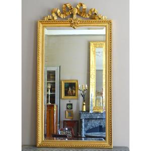 Miroir De Cheminée / à Suspendre De Style Louis XVI En Bois Doré Décor Noeud Ruban 79cm X 150cm