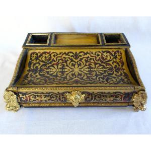 Large Napoleon III Louis XIV Style Inkwell, Boulle Marquetry Desk Set 