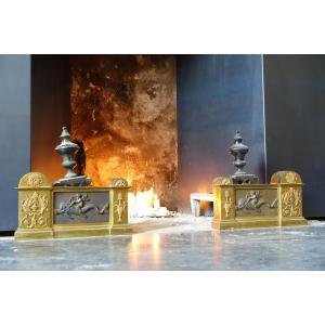 Paire De Chenets, Feux En Bronze Doré d'époque Empire Restauration