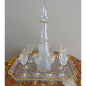 St Louis : service à liqueur en cristal à effet givré et doré : carafes, verres et plateau