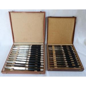   Empire Style Knife Set In Ebony, Solid Silver Ferrules And Bases - 24 Pieces
