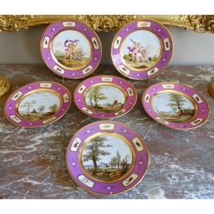 Manufacture Halley - suite de 6 assiettes de table en porcelaine dorée d'époque Empire signées