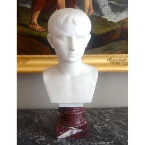 Antique Bust Of Emperor Augustus, White Marble And Cherry - Souvenir Of The 19th Century Grand 