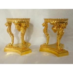 Pair Of Lion Paw Tripod Mounts Or Mounts, Empire Period, Mercury-gilt Bronze