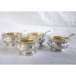Puiforcat Set Of 4 Solid Silver Salt Cellars In The Regency - Louis XVI Style With Shells And Pearls