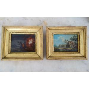 Pair Of Miniature Paintings, Oils On Copper, Early 19th Century - Night Fire