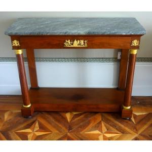 Console à colonnes en acajou, bronzes dorés, marbre bleu turquin - époque Empire