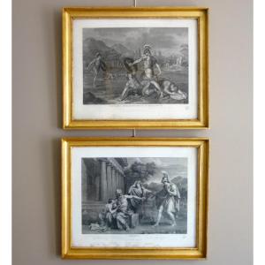 Paire de gravures à l'antique d'époque Empire Restauration, cadres en bois doré feuille d'or