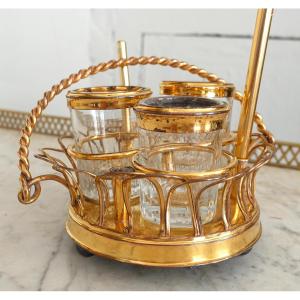 Encrier Empire en laiton  doré, garniture de cristal du Creusot, époque Restauration