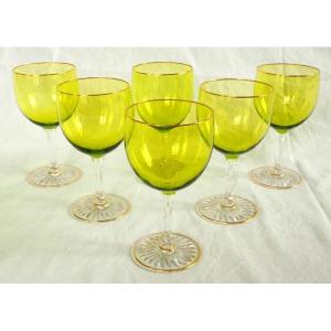 Baccarat - 6 verres &agrave; vin du Rhin en cristal verts chartreuse rehauss&eacute;s &agrave; l&#039;or fin