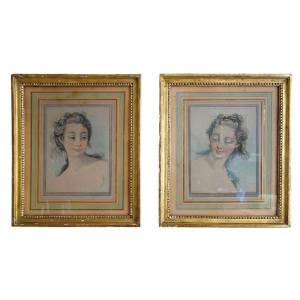 Demarteau After Boucher, Pair Of Crayon-style Engravings - Portraits Of Women, 18th Century