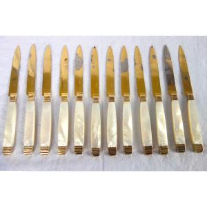 Set Of 12 Cheese Knives In Mother-of-pearl, Vermeil And Gilded Steel