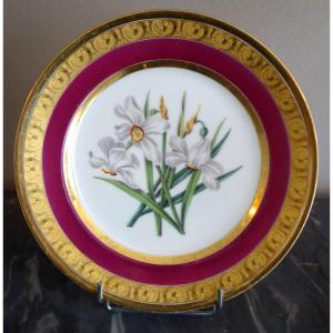 Schoelcher Factory, Polychrome Porcelain And Gold Plate With Lilies, Restoration Period, Signed
