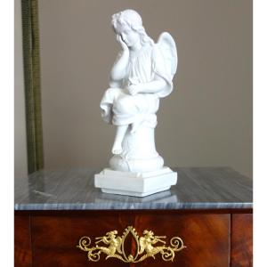 Statue d'Ange Gardien, biscuit de porcelaine 19e siècle, objet religieux traditionaliste