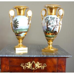 Pair Of Empire Vases In Paris Porcelain With Biscuit Porcelain Handles - Rotating Landscapes