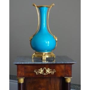 Large Louis XVI Ornamental Vase In Turquoise Porcelain And Gilt Bronze
