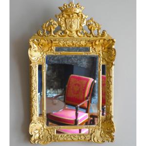 Miroir à parecloses Régence en bois doré armoiries et couronne de Marquis - 19e siècle