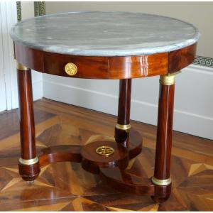 Empire Style Tea Table/pedestal Table In Mahogany, Mercury-gilt Bronze And Blue Turquin Marble