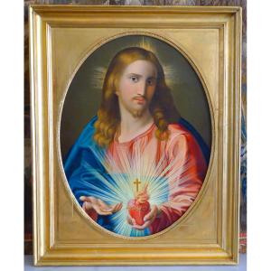 Ecole Française du début 19e siècle, Le Sacré Coeur de Jesus, huile sur toile, traditionnaliste