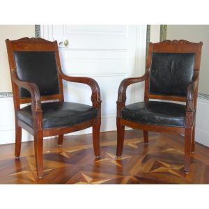 Pair Of Mahogany And Leather Study Or Office Chairs - Parisian Work From The Empire Period