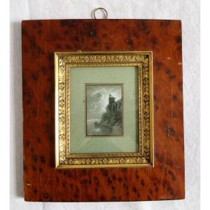 Tableau miniature - paysage italien en grisaille - gouache, début 19e siècle 