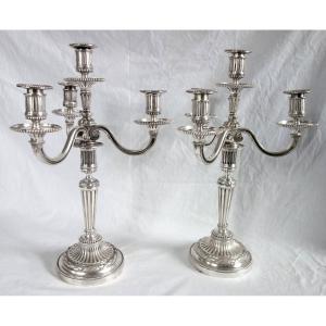   Paire de grands candélabres de style Louis XVI à 4 feux en bronze argenté
