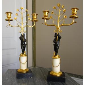 Paire de candélabres en bronze doré et marbre d'époque Empire Restauration : hauteur 35,5cm