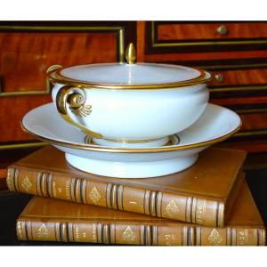 Manufacture Royale de Sèvres 1821 : bouillon, légumier en porcelaine blanc et or - signé & daté