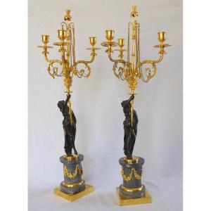 Pair Of Louis XVI Period Candelabra In Blue Turquoise Marble, Chased Bronze & Mercury Gilt