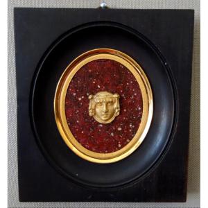 Ravrio: Miniature Portrait Of An Egyptian Woman, Souvenir Of The Grand Tour, Gilt Bronze On Porphyry Base