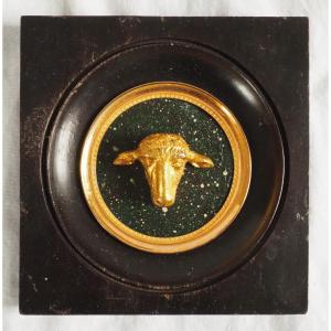 Miniature Lamb's Head, Souvenir Of The Grand Tour, Gilt Bronze On Porphyry Base