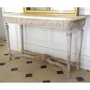 Console desserte de vestibule d'époque Louis XVI, bois patiné et marbre