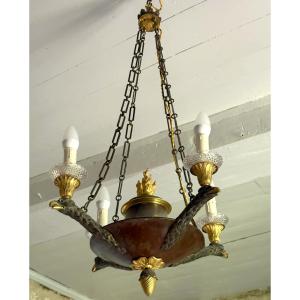 Lustre Empire aux aigles en bronze patiné et doré au mercure, époque début XIXe - 4 feux