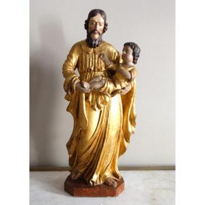 Saint Joseph And The Infant Jesus : Gilded Wood Statue - Alsace 17th Century - 72cm