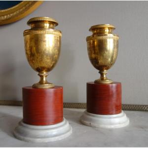 Pair Of Empire Period Gilt Bronze Cassolettes On Marble Columns